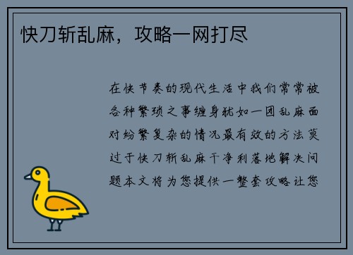 快刀斩乱麻，攻略一网打尽