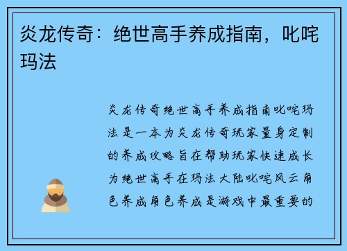 炎龙传奇：绝世高手养成指南，叱咤玛法