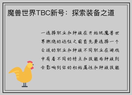 魔兽世界TBC新号：探索装备之道